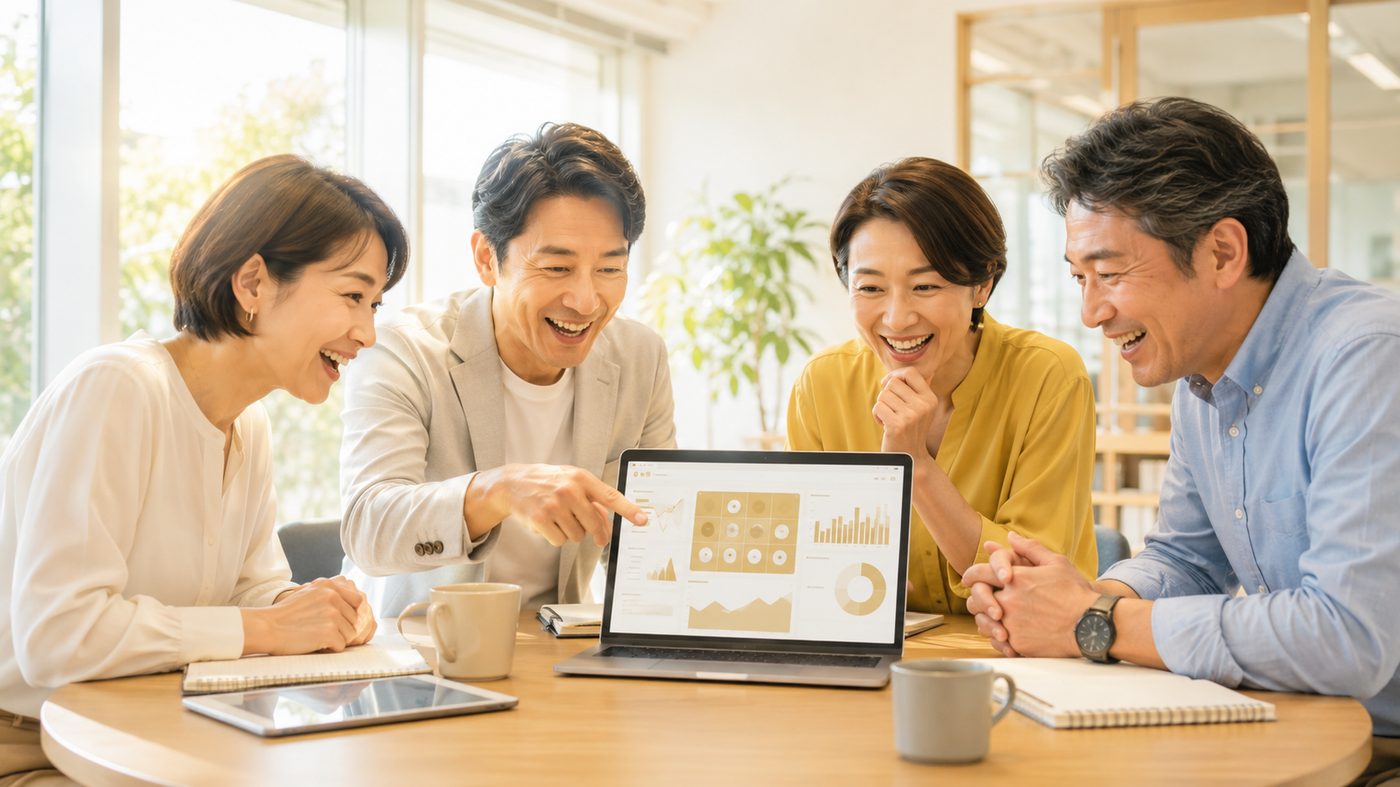 ダッシュボードの画面を囲んで笑顔で話し合う中小企業の幹部たち