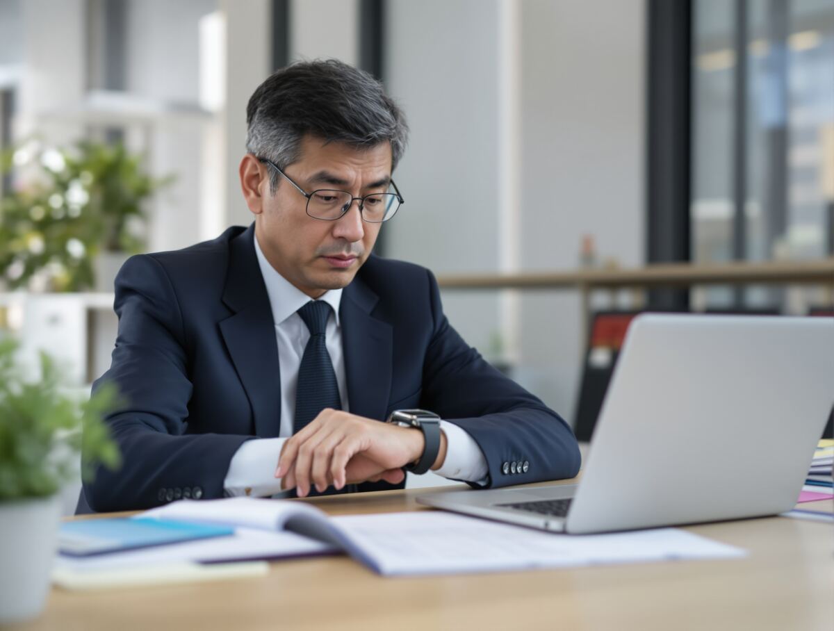 腕時計を確認する経営者