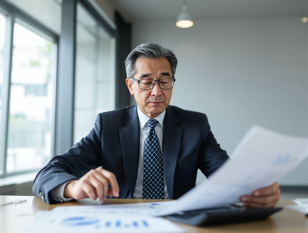 財務資料と電卓で検討する経営者