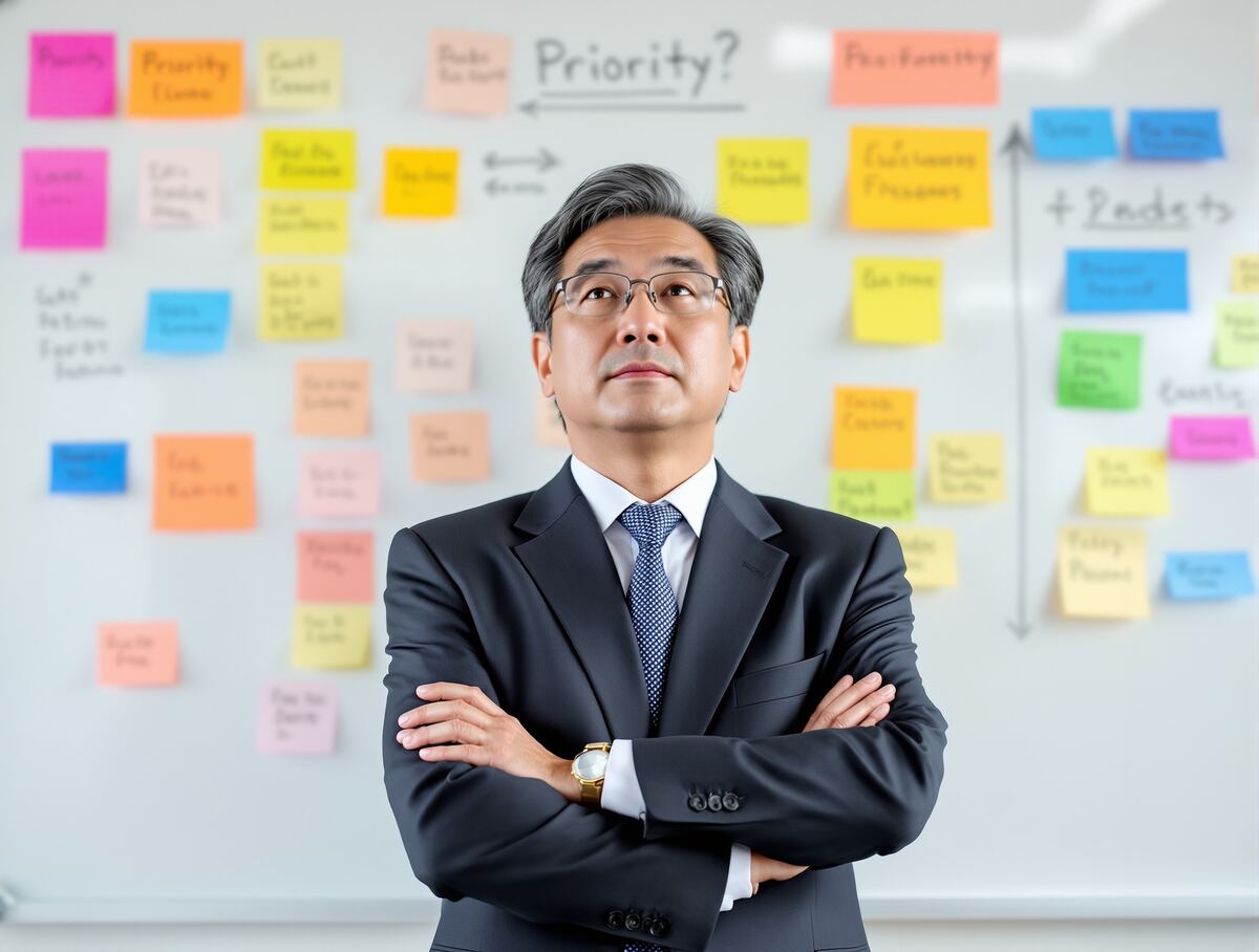 付箋ボードを前に優先順位を考える経営者