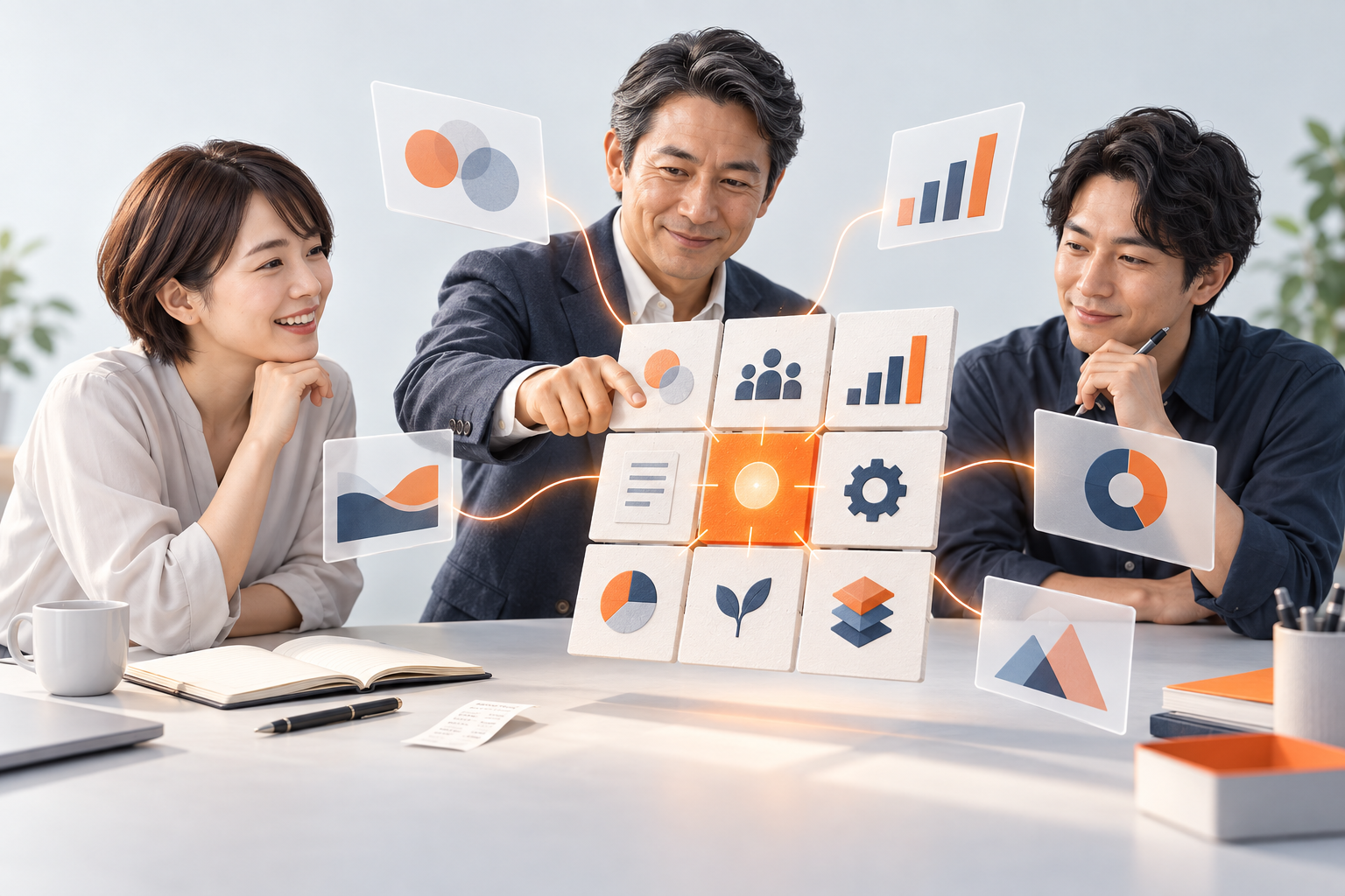 経営者と社員が、紙のノートからAIと経営の仕組みを組み立てるイメージ